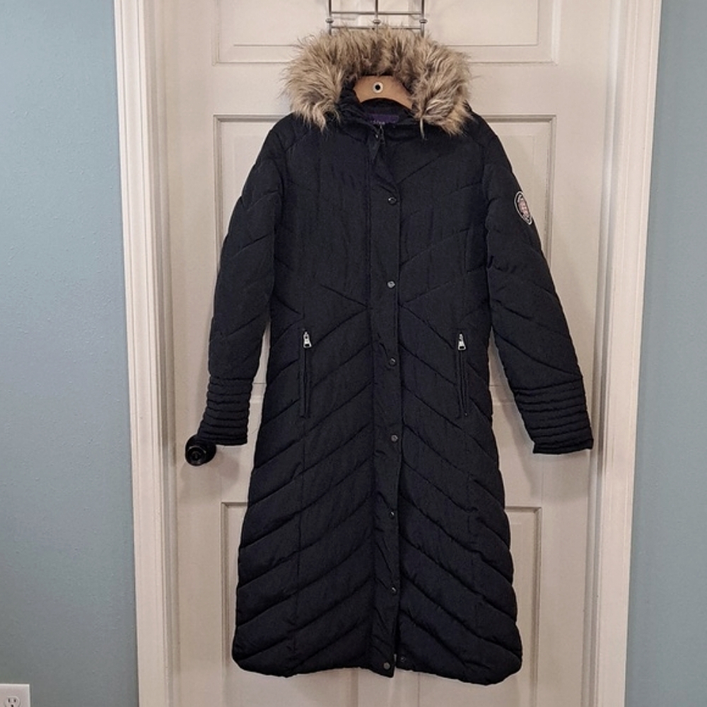 Madden Girl Girls XL Long Quilted Puffer Coat Faux Fur Zip Snap Button Insulated